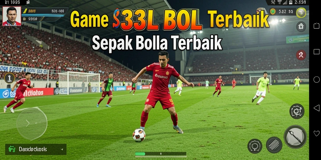 Screenshot utama menunjukkan aksi seru di lapangan sepak bola.