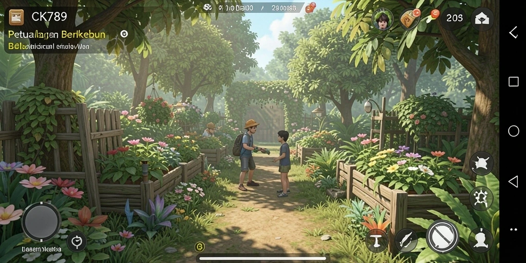Tangkapan layar gameplay CK789 menunjukkan ladang yang subur dan hewan ternak yang aktif.