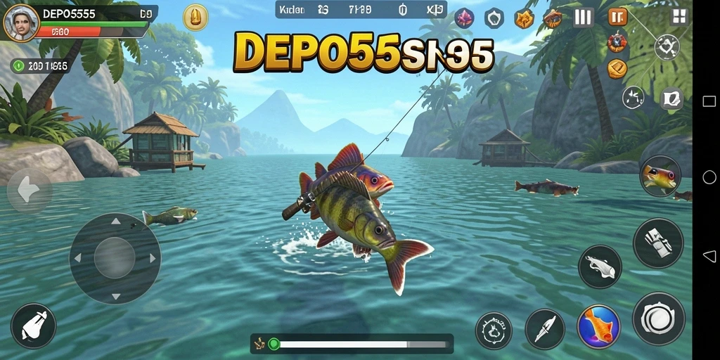 Tampilan gameplay seru dalam DEPO555 saat menangkap ikan.