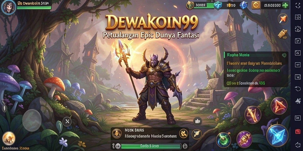 Screenshot DEWAKOIN99 menampilkan aksi pertarungan epik di dunia fantasi.