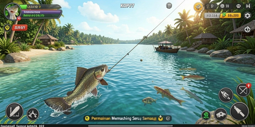 Tampilan screenshot KOPI77 dengan para pemain yang sedang memancing di danau.