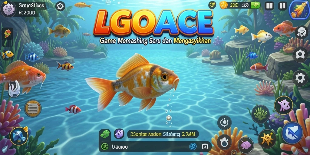 Screenshot LGOACE menampilkan pemain saat menangkap ikan di danau yang indah.
